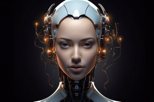 Female android face on dark background. Artificial intelligence concept. Futuristic robot head with technology neural system. Created with Generative AI