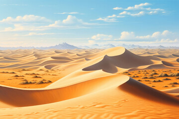 Landscape with golden sand dunes in desert with blue sky. Nature desert background. Created with Generative AI