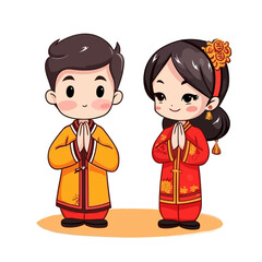 a couple of cute kids with Chinese traditional suit praying respect style 1