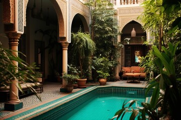 Obraz na płótnie Canvas An image of a beautifully decorated Moroccan Riad courtyard, featuring colorful tiles, lush plants, and a central fountain, conveying the tranquil and exotic atmosphere of the space. Generative AI