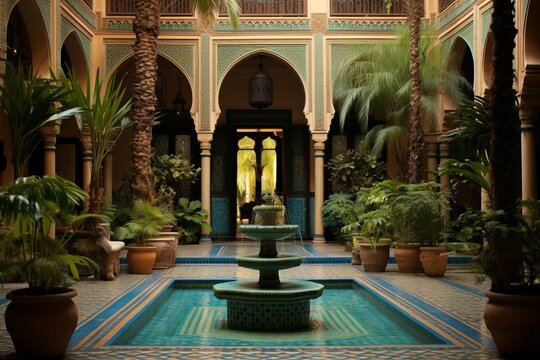 An image of a beautifully decorated Moroccan Riad courtyard, featuring colorful tiles, lush plants, and a central fountain, conveying the tranquil and exotic atmosphere of the space. Generative AI