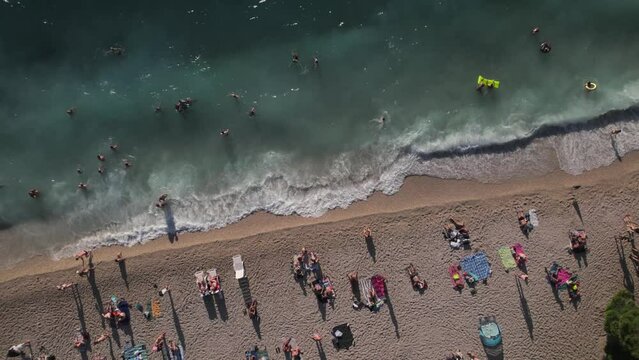 Aerial panoramic drone view of Podrace Beach in Brela, Kamen Brela, symbol of Brela, Punta Rata, Makarska Riviera