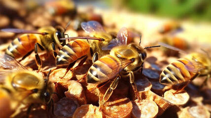 Bees in the honeycomb, close up, honey, healthy living, Generated AI