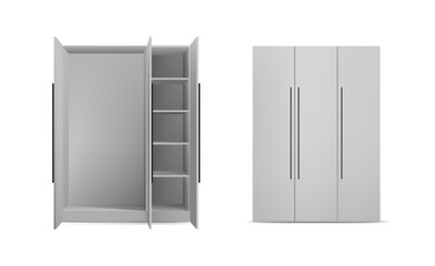 3d realistic vector icon set. White dress cupboard with two doors opened and shelves  and closed. Isolated on white background.