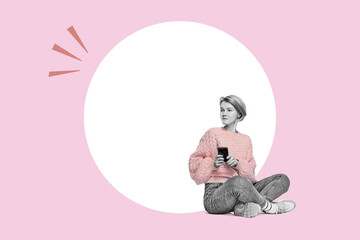 Art collage. A woman with a smartphone. Promotion, action, ad, job questions, discussion. Vacancy....
