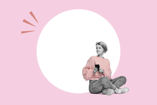 Art collage. A woman with a smartphone. Promotion, action, ad, job questions, discussion. Vacancy. Business concept, communication, information, news, isolaterd PNG.