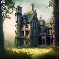 Naklejka premium Enchanting Abandoned Medieval Mansion in a Fairytale Forest Generative AI