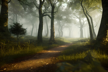 Obraz premium Path in the forest with foggy mysty atmosphere, created with generative AI technology