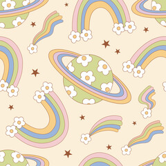 Groovy retro floral space vector seamless pattern. Flower power summer background.