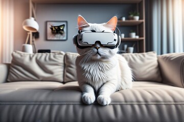 Cat Wearing VR Glasses on the Sofa. generative AI