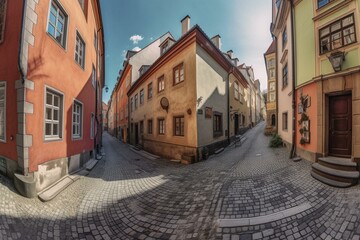 Fototapeta na wymiar Panoramic view of Hradcany historical district's narrow streets in Novy Svet quarter, Prague, Czech Republic. Generative AI