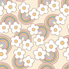 Groovy retro rainbow with florals vector seamless pattern. Flower power summer background. - obrazy, fototapety, plakaty