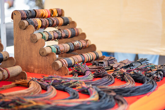 Collection of leather bracelets on stall