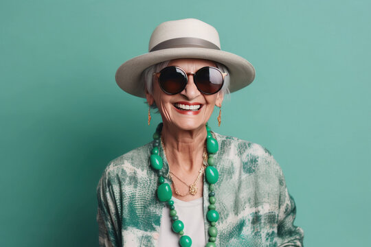 Generative AI illustration of portrait of glad retired woman wearing colorful casual clothes and hat in sunglasses smiling green background