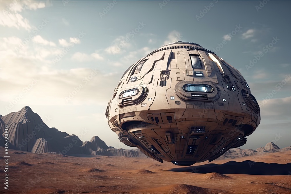 Poster futuristic spaceship landing on alien planet, with advanced technology and futuristic design, create