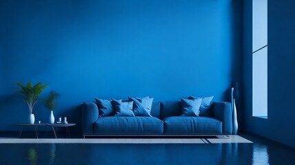 Blue modern living room with sofa. Generative AI