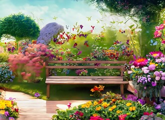 bench in the garden. Enchanting Garden: A Floral Oasis of Whimsy and Delight