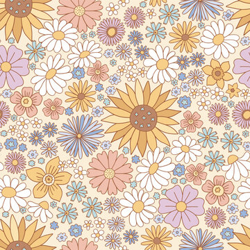 Retro 70s 60s Floral Hippie Summer Groovy Flower Power Flower vector seamless pattern. Boho Summer retro colours flower bouquet light background surface design.
