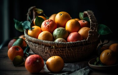 Fototapeta na wymiar Wicker basket with fruits created with Generative AI technology