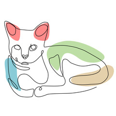outline of a cat drawn in one line with colored spots