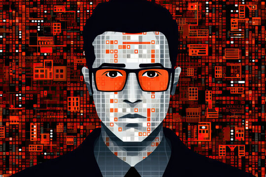 Generative AI illustration of abstract man in eyeglasses looking at camera against red background with geometric shapes representing concept of virtual reality