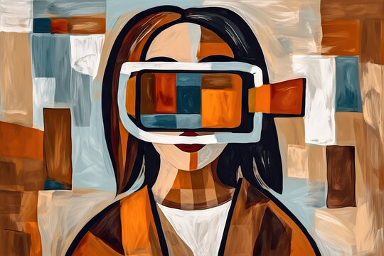 Generative AI illustration of abstract painted woman in VR glasses exploring cyberspace against colorful geometric background