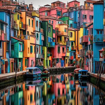 La Magie des Couleurs le Long du Canal : Un Voyage Psychédélique à travers des Maisons Éclatantes dans une Venise Imaginaire