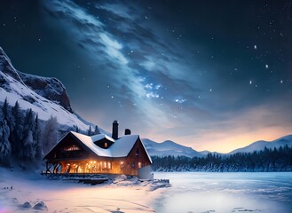 landscape with houses and mountains. Winter Cabin Serenity