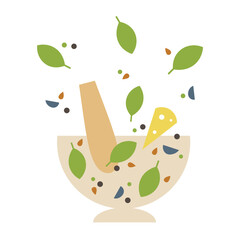 Pesto. Illustration with basil leaves, hazelnut, parmesan cheese, garlic,  olive oil, dish. Illustrated process of preparing Mediterranean food. Sauce recipe, appetisers. Cartoon  illustration