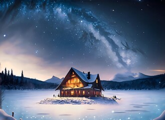 landscape with houses and mountains.Winter Cabin Serenity 