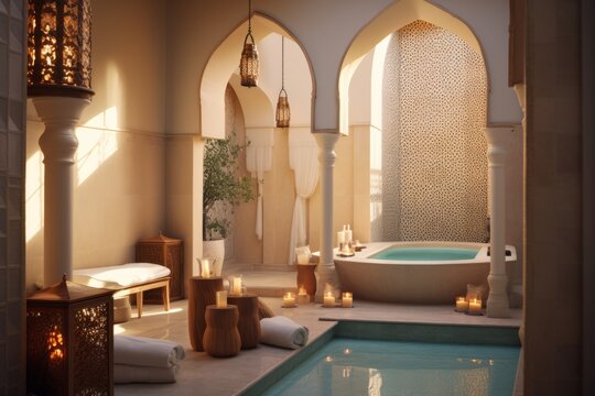 Traditional Moroccan hammam , with mosaic tiles, decorative arches, and spa accessories, promoting relaxation and wellness. Generative AI
