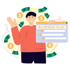 Business. Young businessman. Concept design. Icon. A man is engaged in a business idea. Plan. Money.