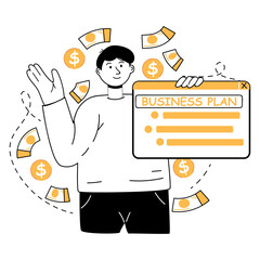 Business. Young businessman. Concept design. Icon. A man is engaged in a business idea. Plan. Money.