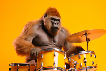 Fototapeta na wymiar A gorilla musician playing the drums in a band. Generative ai