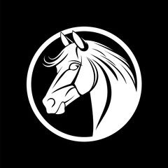 Fototapeta premium Stylized black and white horse head logo template in a circle on black background