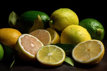 Slices of fresh juicy yellow lemons and limes on a table against a dark background Generative AI