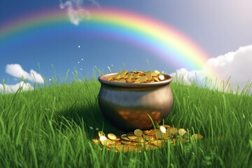 St. Patrick day illustration. Pot, gold coins, clovers and rainbow. Generative AI