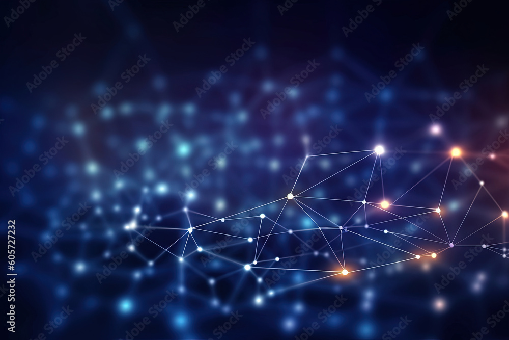 Poster digital network abstraction, connecting blue dots across a dark expanse