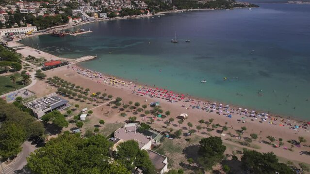 Aerial panoramic drone view over Cetina River of impressive Omis town, Velika beach, Omis, Adriatic Sea, Dalmatia coast