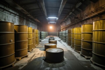 nuclear waste repository, with barrels and drums of radioactive material stored safely in massive underground facility, created with generative ai - obrazy, fototapety, plakaty