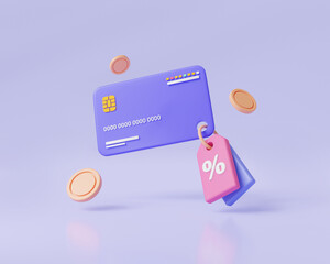 3d price tag with credit card and coins on purple background. online shopping, online sale, Shopping Discount offer, sale voucher, online payment, Discount sale Concept. 3d icon render illustration