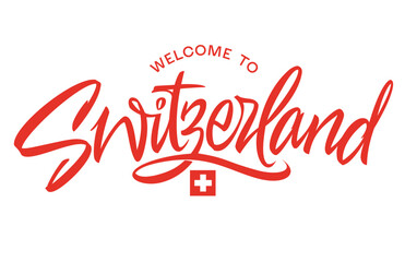 Switzerland lettering design for t-shirt, mug, poster. Vector hand drawn inscription. Apparel Print. Switzerland vector handwritten inscription. Willkommen in der Schweiz
