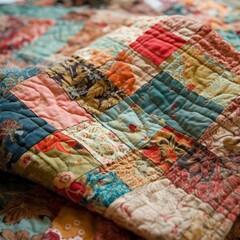 Patchwork quilt. Part of a patchwork quilt as a background. Floral print. Colored quilt in patchwork style. Colored blanket. Self made. Generative AI