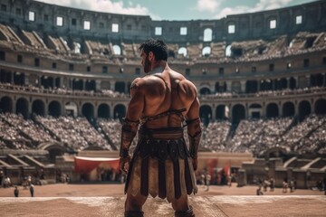 Fototapeta na wymiar A dramatic shot of a gladiator in the Colosseum, showcasing the intensity and spectacle of Roman entertainment. Generative AI