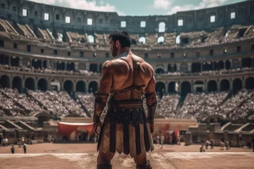 Fotobehang A dramatic shot of a gladiator in the Colosseum, showcasing the intensity and spectacle of Roman entertainment. Generative AI © bluebeat76