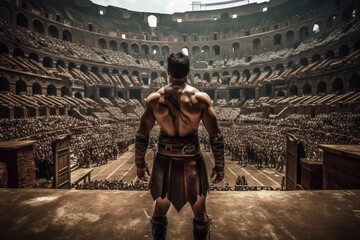A dramatic shot of a gladiator in the Colosseum, showcasing the intensity and spectacle of Roman entertainment. Generative AI - obrazy, fototapety, plakaty