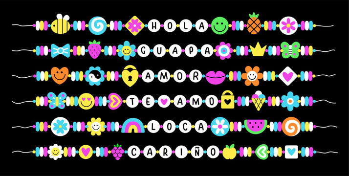 BFF colorful 90s pop art style vintage bracelet set. Be friends forever beaded accessory design with Hello, Crazy, Pretty, I love you, Dear quotes in Spanish. EPS 10 vector retro elements collection.