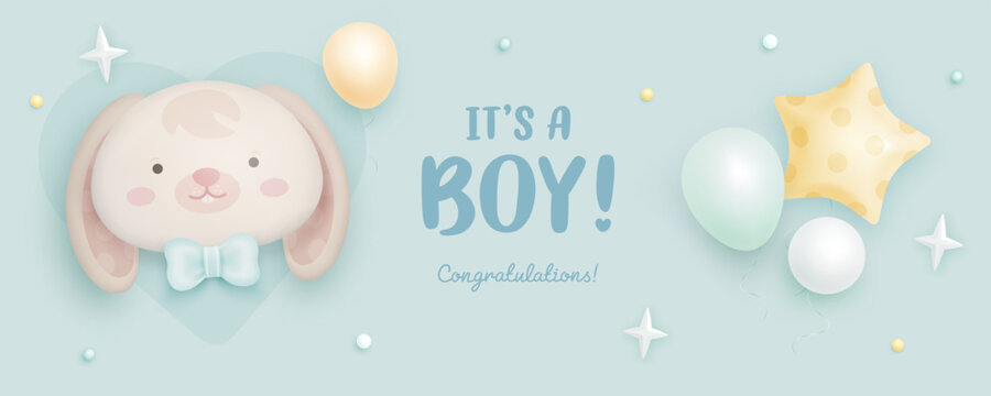 Baby shower horizontal banner, invitation or greeting card with cartoon 3d bunny and helium balloons on turquoise background. It's a boy. Vector illustration
