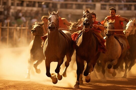 A composition featuring a Roman chariot race in action, capturing the speed, agility, and excitement of ancient Roman sports. Generative Ai