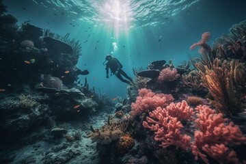 Fototapeta na wymiar A scuba diver exploring vibrant coral reefs. Generative AI